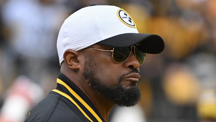 Dec 25, 2024; Pittsburgh, Pennsylvania, USA; Pittsburgh Steelers head coach Mike Tomlin watches warm ups against the Kansas City Chiefs at Acrisure Stadium. Mandatory Credit: Barry Reeger-Imagn Images
