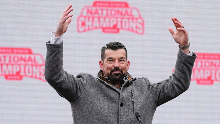 Head coach Ryan Day fires up the crowd during the Ohio State Buckeyes College Football Playoff National Championship celebration at Ohio Stadium in Columbus on Jan. 26, 2025. Head coach Ryan Day fires up the crowd during the Ohio State Buckeyes College Football Playoff National Championship celebration at Ohio Stadium in Columbus on Jan. 26, 2025.