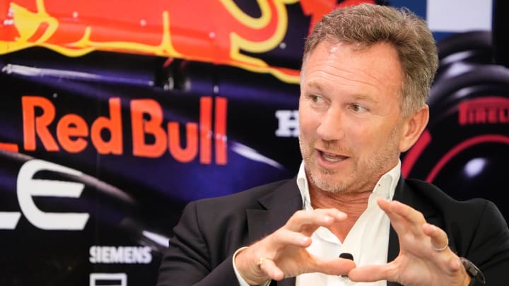 Christian Horner, Team Principal of Oracle Red Bull Racing, speaks at the Red Bull Fan Zone, a private event at Oracle headquarters, on Wednesday October 18, 2023.