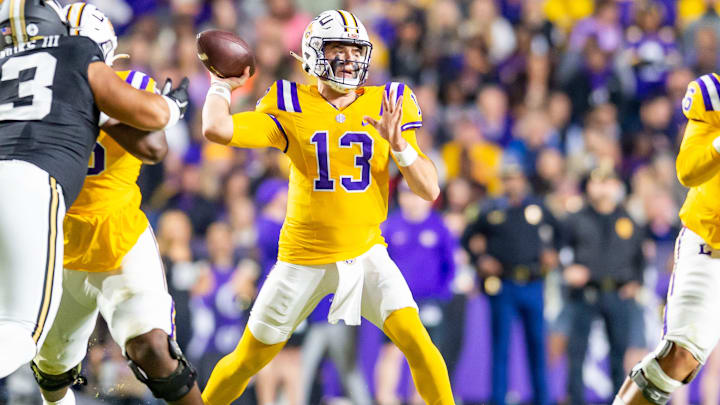 Tigers Quarterback Garrett Nussmeier 13 throws a pass as the LSU Tigers take on the Vanderbilt Commodores. Nov 23, 2024; Baton Rouge, Louisiana, USA; at Tiger Stadium. Tigers Quarterback Garrett Nussmeier 13 throws a pass as the LSU Tigers take on the Vanderbilt Commodores. Nov 23, 2024; Baton Rouge, Louisiana, USA; at Tiger Stadium.