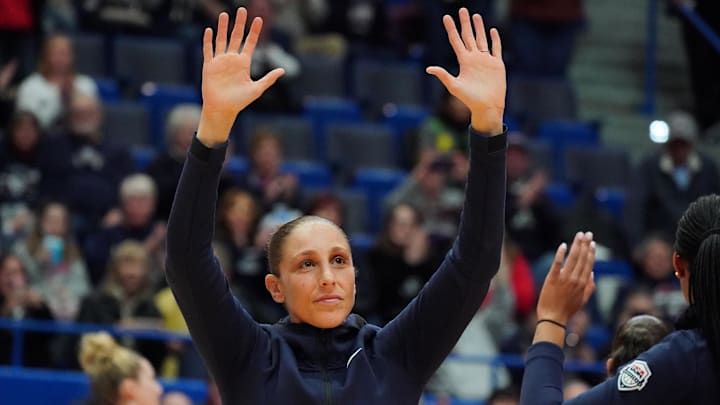 Jan 27, 2020; Hartford, Connecticut, USA; 2020 USA Women's National Team guard Diana Taurasi (12) waves to the crowd as she is introduced before the game against the UConn Huskies at XL Center. Mandatory Credit: David Butler II-Imagn Images