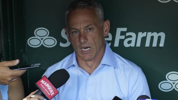 Chicago Cubs President Jed Hoyer answers questions before the game against the Cleveland Guardians at Wrigley Field.