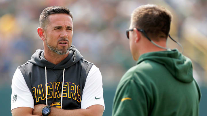 Green Bay Packers coach Matt LaFleur, left, talks with general manager Brian Gutekunst at training camp. Green Bay Packers coach Matt LaFleur, left, talks with general manager Brian Gutekunst at training camp.