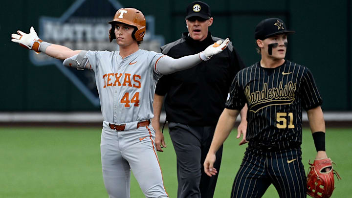 Texas’ Ashton Larson (44) reacts after hitting a double off Vanderbilt pitcher Connor Fennell (39) during the second inning of a NCAA baseball game at Hawkins Field on Friday, April 24, 2026, in Nashville, Tenn.