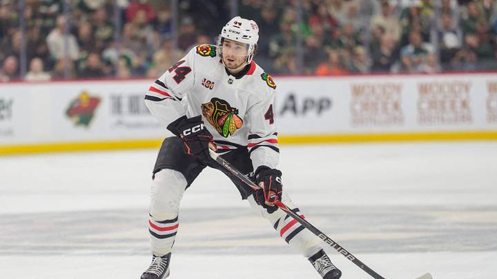 Mar 19, 2026; Saint Paul, Minnesota, USA; Chicago Blackhawks defenseman Wyatt Kaiser (44) shoots from the blue line against the Minnesota Wild in the first period at Grand Casino Arena. Mandatory Credit: Matt Blewett-Imagn Images