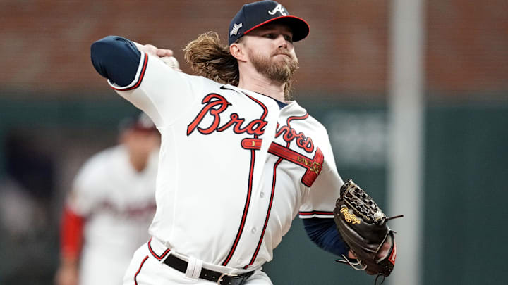 Oct 9, 2023; Cumberland, Georgia, USA; Atlanta Braves relief pitcher Pierce Johnson (38) pitches
