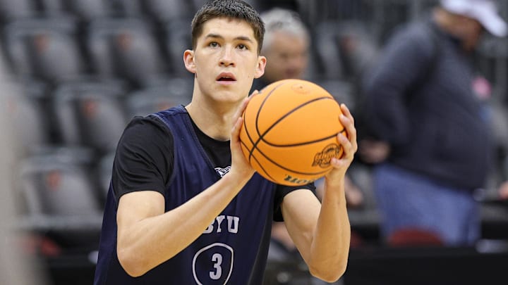 Mar 26, 2025; Newark, NJ, USA; Brigham Young Cougars guard Egor Demin (3) warms up during a practice session in preparation for an East Regional semifinal game against the Alabama Crimson Tide at Prudential Center. Mandatory Credit: Vincent Carchietta-Imagn Images