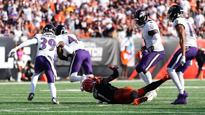 Baltimore Ravens defensive back Marlon Humphrey intercepts Joe Burrow's pass in the fourth quarter, Sunday, Oct. 6, 2024. Baltimore Ravens defensive back Marlon Humphrey intercepts Joe Burrow's pass in the fourth quarter, Sunday, Oct. 6, 2024.