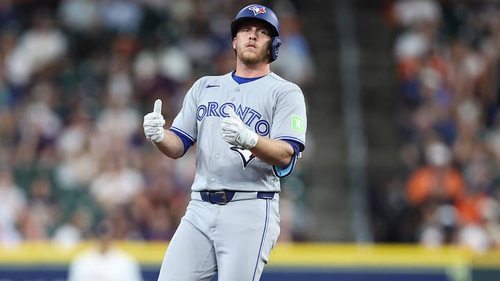 Aug 4, 2026: Toronto Blue Jays center fielder Myles Straw (3) reacts after hitting a double during the third inning against the Houston Astros at Daikin Park. Credit: Troy Taormina-Imagn Images
