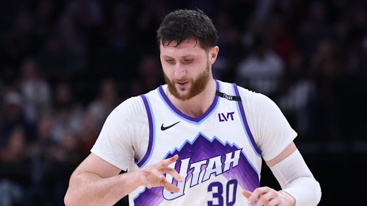 Dec 26, 2025; Salt Lake City, Utah, USA; Utah Jazz center Jusuf Nurkic (30) reacts after a play against the Detroit Pistons during the first half at Delta Center. Mandatory Credit: Rob Gray-Imagn Images