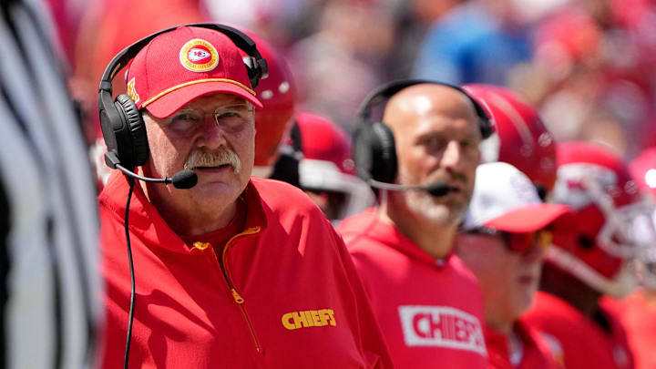 Aug 17, 2024; Kansas City, Missouri, USA; Kansas City Chiefs head coach Andy Reid watches play against the Detroit Lions  during the first half at GEHA Field at Arrowhead Stadium. Mandatory Credit: Denny Medley-USA TODAY Sports