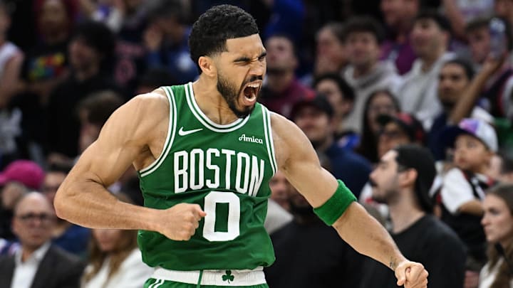 Apr 24, 2026; Philadelphia, Pennsylvania, USA; Boston Celtics forward Jayson Tatum (0) celebrates his three point basket against the Philadelphia 76ers late in the fourth quarter at Xfinity Mobile Arena. Mandatory Credit: Eric Hartline-Imagn Images