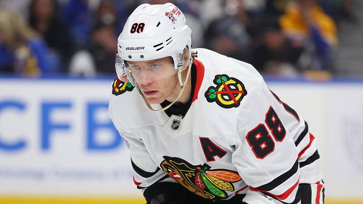 Chicago Blackhawks right wing Patrick Kane (88) waits for the face-off during the third period against the Buffalo Sabres at KeyBank Center. Mandatory Credit: Timothy T. Ludwig-Imagn Images