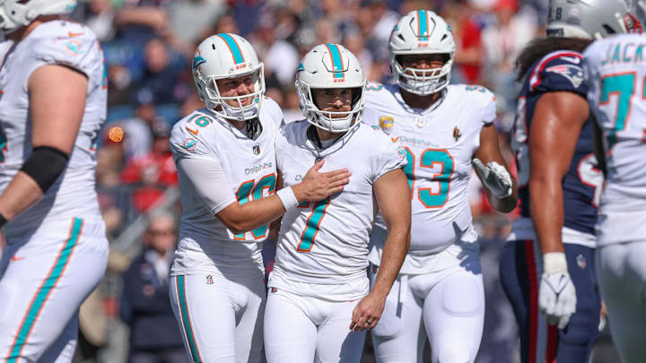 Oct 6, 2024; Foxborough, Massachusetts, USA; Miami Dolphins place kicker Jason Sanders (7) celebrates after a field goal during the first half against the New England Patriots at Gillette Stadium. 