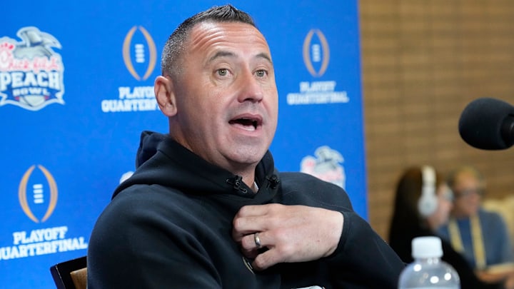 Texas head coach Steve Sarkisian answers questions during media day for the Chick-fil-A Peach Bowl in Atlanta on Monday, Dec. 30, 2024.