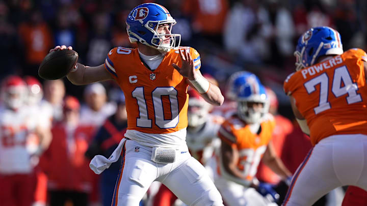 Jan 5, 2025; Denver, Colorado, USA; Denver Broncos quarterback Bo Nix (10) throws a pass in the first quarter against the Kansas City Chiefs at Empower Field at Mile High. 