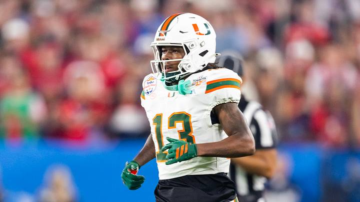 Jan 8, 2026; Glendale, AZ, USA; Miami Hurricanes defensive back Bryce Fitzgerald (13) against the Mississippi Rebels during the 2026 Fiesta Bowl and semifinal game of the College Football Playoff at State Farm Stadium. Mandatory Credit: Mark J. Rebilas-Imagn Images