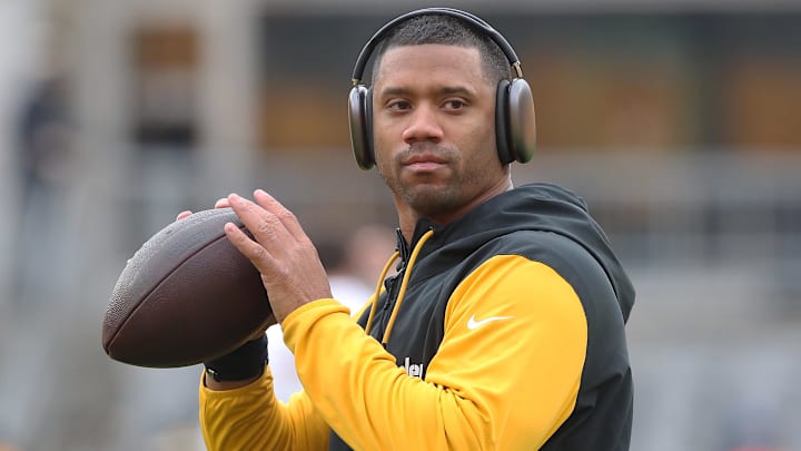 Dec 25, 2024; Pittsburgh, Pennsylvania, USA; Pittsburgh Steelers quarterback Russell Wilson (3) warms up before the game against the Kansas City Chiefs at Acrisure Stadium. Mandatory Credit: Charles LeClaire-Imagn Images