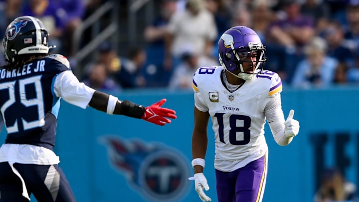 Nov 17, 2024; Nashville, Tennessee, USA;  Minnesota Vikings wide receiver Justin Jefferson (18) gives a thumbs up to the Tennessee Titans sideline during the second half  at Nissan Stadium. Mandatory Credit: Steve Roberts-Imagn Images