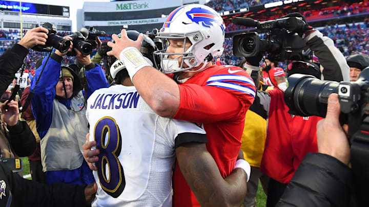 Baltimore Ravens quarterback Lamar Jackson (8) greets Buffalo Bills quarterback Josh Allen (17) following a game in Buffalo in 2019.