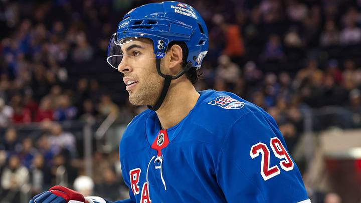 Apr 5, 2026; New York, New York, USA; New York Rangers defenseman Matthew Robertson (29) skates against the Washington Capitals during the first period at Madison Square Garden. Mandatory Credit: Danny Wild-Imagn Images