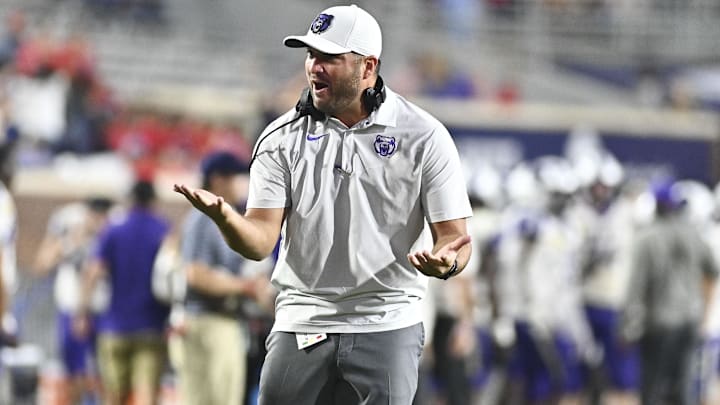 Sep 10, 2022; Oxford, Mississippi, USA; Central Arkansas Bears head coach Nathan Brown reacts after a play against the Ole Miss Rebels during the third quarter at Vaught-Hemingway Stadium. Mandatory Credit: Matt Bush-Imagn Images