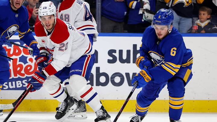 Buffalo Sabres winger Zach Benson playing against the Montreal Canadiens in the 2026 NHL Stanley Cup Playoffs