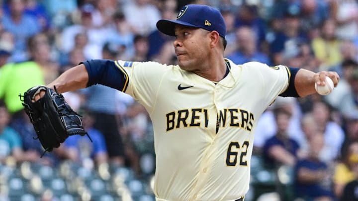 Aug 11, 2025; Milwaukee, Wisconsin, USA; Milwaukee Brewers starting pitcher Jose Quintana (62) throws a pitch in the first inning against the Pittsburgh Pirates at American Family Field. Mandatory Credit: Benny Sieu-Imagn Images