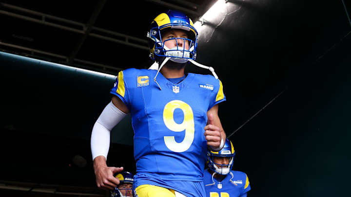 Sep 21, 2025; Philadelphia, Pennsylvania, USA; Los Angeles Rams quarterback Matthew Stafford (9) runs out of the tunnel for a game against the Philadelphia Eagles at Lincoln Financial Field. Mandatory Credit: Bill Streicher-Imagn Images