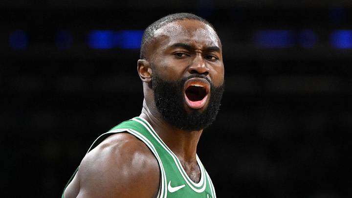 Dec 2, 2025; Boston, Massachusetts, USA; Boston Celtics guard Jaylen Brown (7) reacts after scoring against the New York Knicks during the second half at the TD Garden. Mandatory Credit: Brian Fluharty-Imagn Images