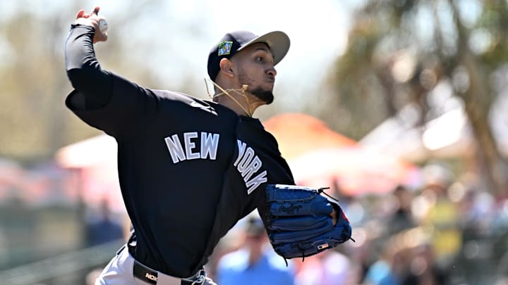 Feb 20, 2026; Sarasota, Florida, USA; New York Yankees starting pitcher Elmer Rodriguez (76) throws a pitch in the first inning against the Baltimore Orioles during spring training at Ed Smith Stadium. Mandatory Credit: Jonathan Dyer-Imagn Images Feb 20, 2026; Sarasota, Florida, USA; New York Yankees starting pitcher Elmer Rodriguez (76) throws a pitch in the first inning against the Baltimore Orioles during spring training at Ed Smith Stadium. Mandatory Credit: Jonathan Dyer-Imagn Images