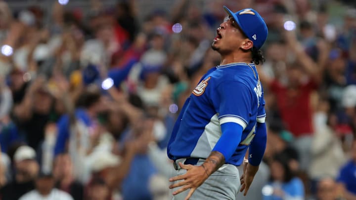 Mar 17, 2026; Miami, FL, United States;Venezuela pitcher Daniel Palencia (29) reacts after getting the final out against the United States  in the ninth inning during the 2026 World Baseball Classic Championship game at loanDepot Park. Mandatory Credit: Sam Navarro-Imagn Images