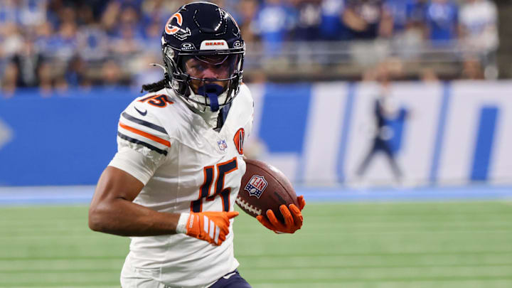Sep 14, 2025; Detroit, Michigan, USA; Chicago Bears wide receiver Rome Odunze (15) carries the ball for a touchdown against the Detroit Lions during the first quarter at Ford Field. Mandatory Credit: David Reginek-Imagn Images Sep 14, 2025; Detroit, Michigan, USA; Chicago Bears wide receiver Rome Odunze (15) carries the ball for a touchdown against the Detroit Lions during the first quarter at Ford Field. Mandatory Credit: David Reginek-Imagn Images
