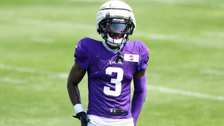 Jul 28, 2025; Eagan, MN, USA; Minnesota Vikings wide receiver Jordan Addison (3) takes part in drills during the teams training camp at the Minnesota Vikings Training Facility. Mandatory Credit: Matt Krohn-Imagn Images