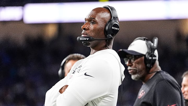 Houston Texans head coach DeMeco Ryans watches a play against Detroit Lions during the second half at Ford Field in Detroit on Saturday, August 23, 2025.
