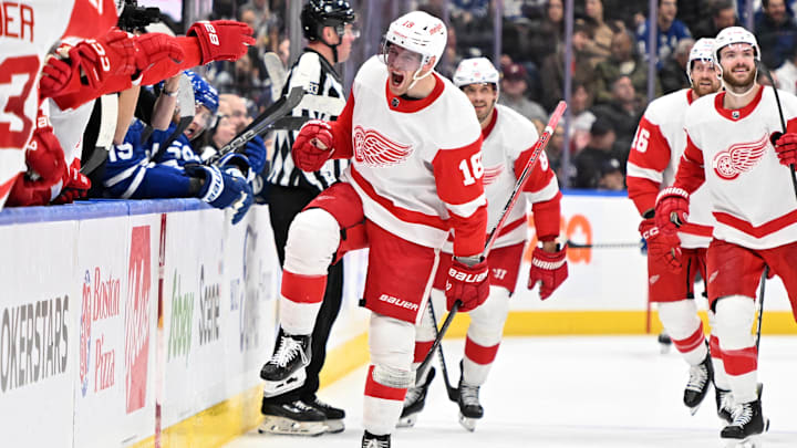 Detroit Red Wings forward Andrew Copp (18) celebrates after scoring a big goal against the Toronto Maple Leafs.