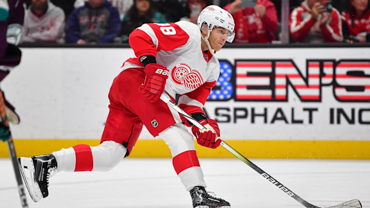 Detroit Red Wings right wing Patrick Kane (88) shoots on goal against the Anaheim Ducks.