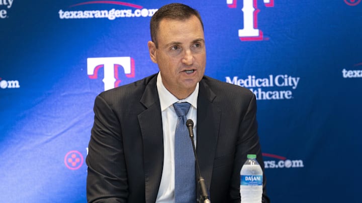 Oct 24, 2022; Arlington, TX, USA; Texas Rangers general manager Chris Young speaks during a news conference introducing Bruce Bochy as team manager at Globe Life Field.