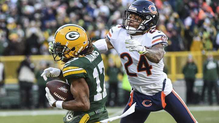 Former Bears slot cornerback Buster Skrine is too late to prevent a completion to Davante Adams against the Packers. 