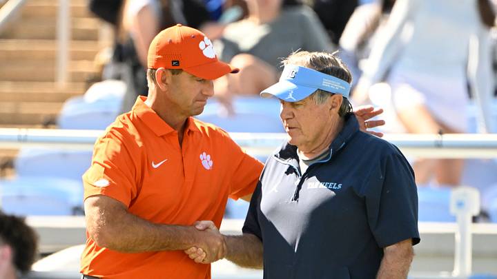 Clemson Tigers head coach Dabo Swinney with North Carolina Tar Heels head coach Bill Belichick before the game at Kenan Stadium. Mandatory Credit: Bob Donnan-Imagn Images