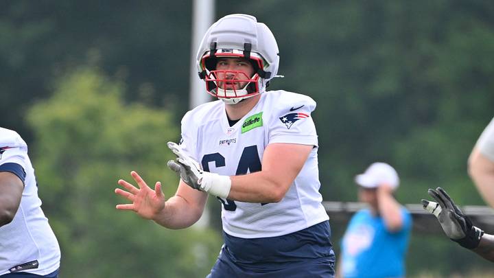 Jul 28, 2026; Foxborough, MA, USA; New England Patriots offensive lineman Jacob Rizy (64) does a drill during training camp at Gillette Stadium. Mandatory Credit: Eric Canha-Imagn Images Jul 28, 2026; Foxborough, MA, USA; New England Patriots offensive lineman Jacob Rizy (64) does a drill during training camp at Gillette Stadium. Mandatory Credit: Eric Canha-Imagn Images