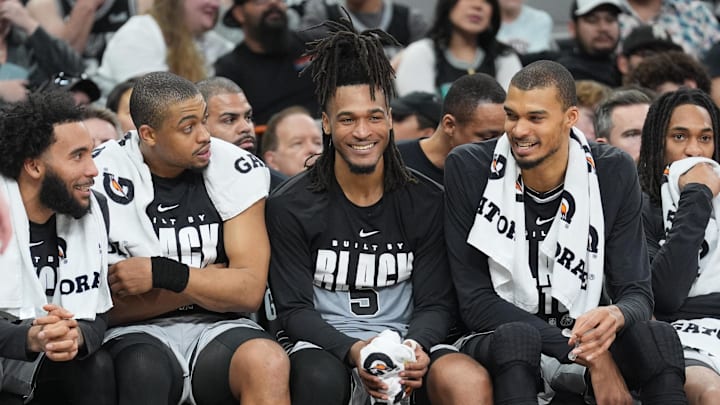 Feb 7, 2026; San Antonio, Texas, USA;  San Antonio Spurs guard Stephon Castle (5) on the bench during the second half against the Dallas Mavericks at Frost Bank Center. 