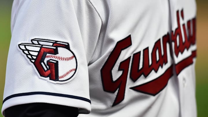 Apr 15, 2022; Cleveland, Ohio, USA; A detail of the uniform of Cleveland Guardians left fielder Steven Kwan during the game between the Cleveland Guardians and the San Francisco Giants at Progressive Field. Mandatory Credit: Ken Blaze-Imagn Images