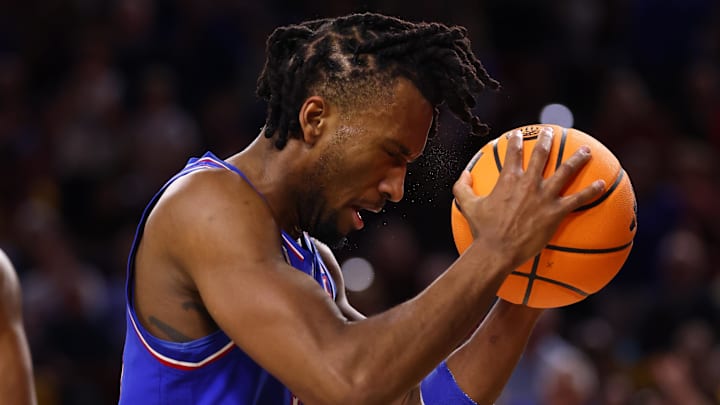 Mar 3, 2026; Tempe, Arizona, USA; Kansas Jayhawks guard Darryn Peterson (22) reacts against the Arizona State Sun Devils in the second half at Desert Financial Arena. Mandatory Credit: Mark J. Rebilas-Imagn Images