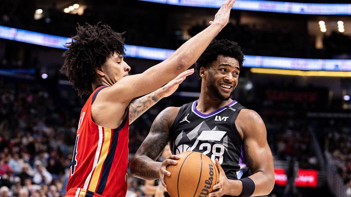 Apr 7, 2026; New Orleans, Louisiana, USA; New Orleans Pelicans guard Micah Peavy (14) defends against Utah Jazz forward Brice Sensabaugh (28) during the second half at Smoothie King Center. Mandatory Credit: Stephen Lew-Imagn Images