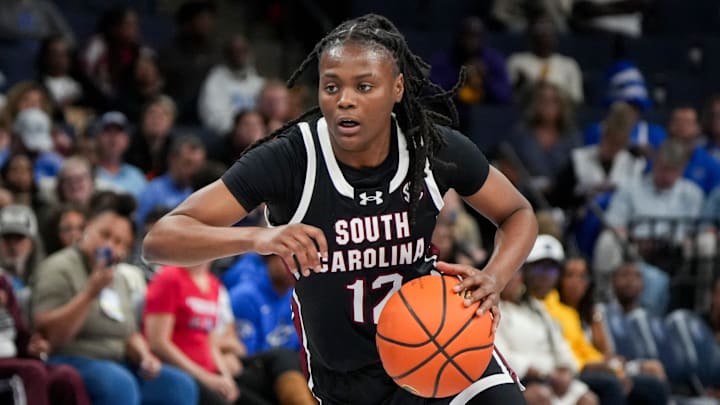 South Carolina's MiLaysia Fulwiley (12) drives to the basket during the game between South Carolina and Memphis in the Hoops for St. Jude Tip Off Classic at FedExForum on Tuesday, October 15, 2024. South Carolina's MiLaysia Fulwiley (12) drives to the basket during the game between South Carolina and Memphis in the Hoops for St. Jude Tip Off Classic at FedExForum on Tuesday, October 15, 2024.