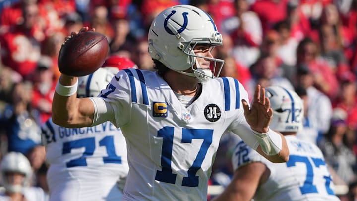 Nov 23, 2025; Kansas City, Missouri, USA;  Indianapolis Colts quarterback Daniel Jones (17) passes against the Kansas City Chiefs in the first quarter at GEHA Field at Arrowhead Stadium. 