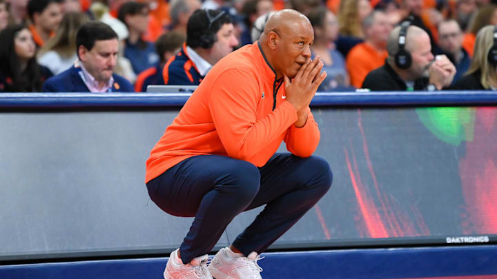 Dec 31, 2025; Syracuse, New York, USA; Syracuse Orange head coach Adrian Autry looks on during the second half against the Clemson Tigers at the JMA Wireless Dome. Mandatory Credit: Rich Barnes-Imagn Images