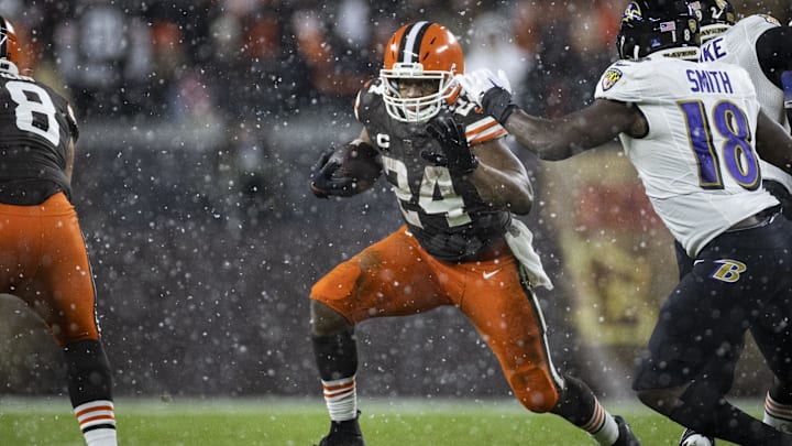 Dec 17, 2022; Cleveland, Ohio, USA; Cleveland Browns running back Nick Chubb (24) runs the ball against the Baltimore Ravens during the fourth quarter at FirstEnergy Stadium. 