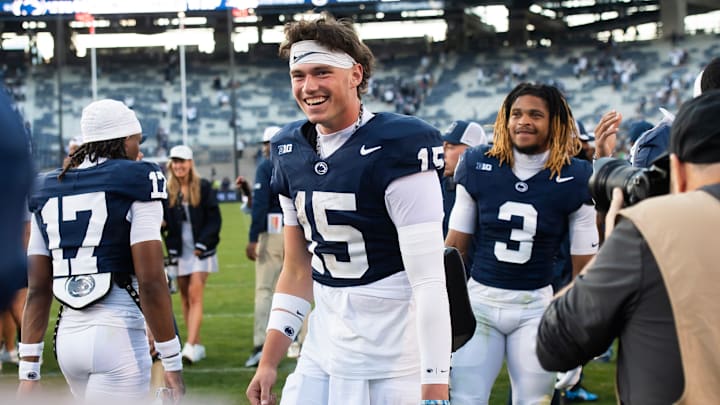 Penn State quarterback Drew Allar (15) laughs following a 46-11 win against Nevada, Saturday, August 30, 2025, in State College, Pa. Penn State quarterback Drew Allar (15) laughs following a 46-11 win against Nevada, Saturday, August 30, 2025, in State College, Pa.